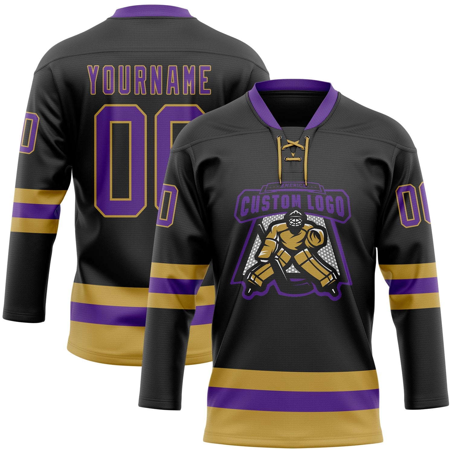 Custom Black Purple-Old Gold Hockey Lace Neck Jersey view 2