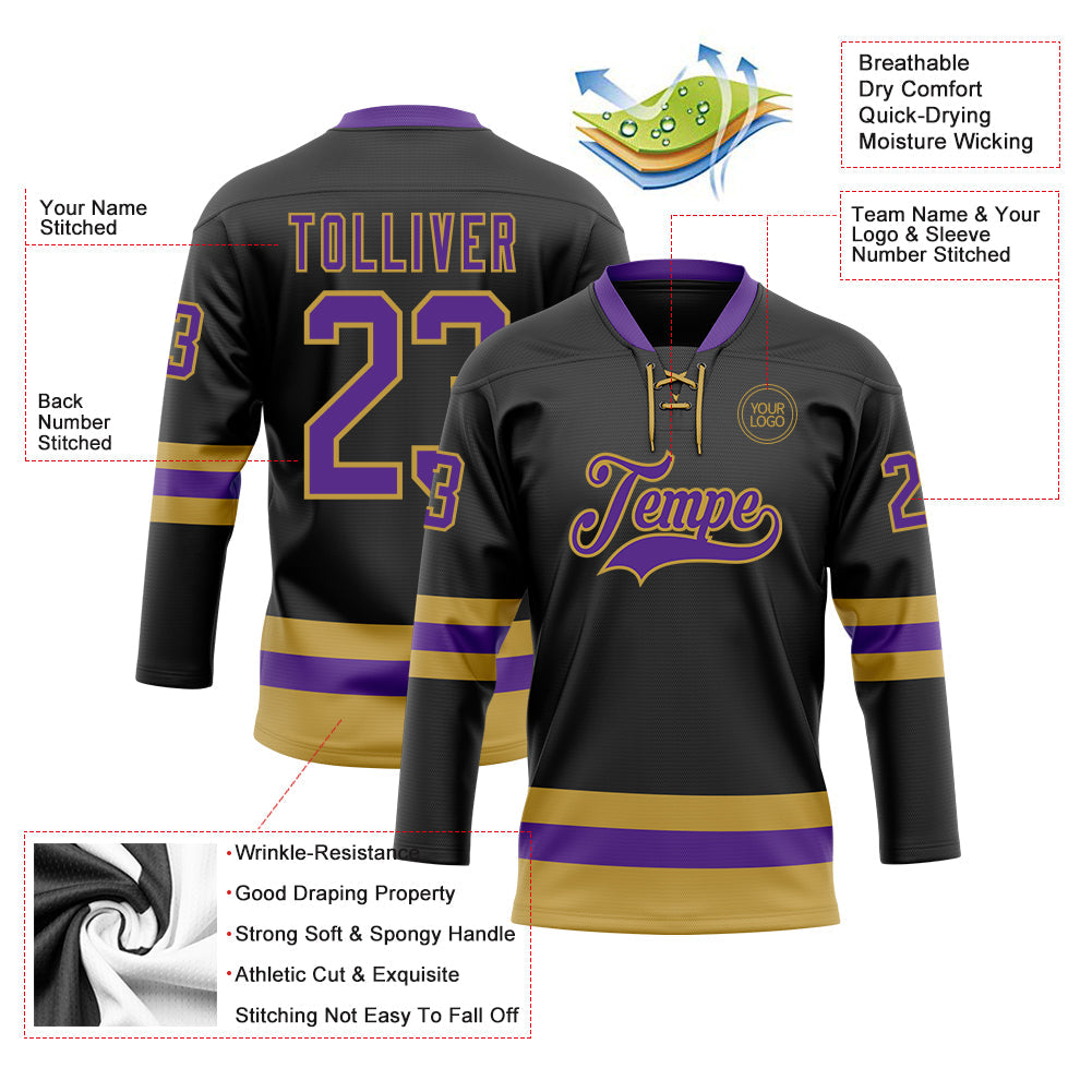 Custom Black Purple-Old Gold Hockey Lace Neck Jersey view 3