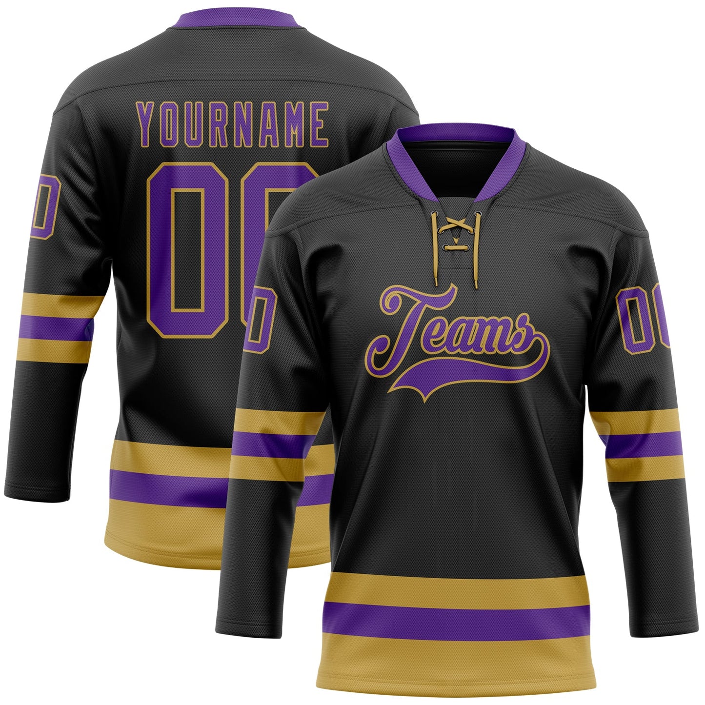 Custom Black Purple-Old Gold Hockey Lace Neck Jersey - Main View