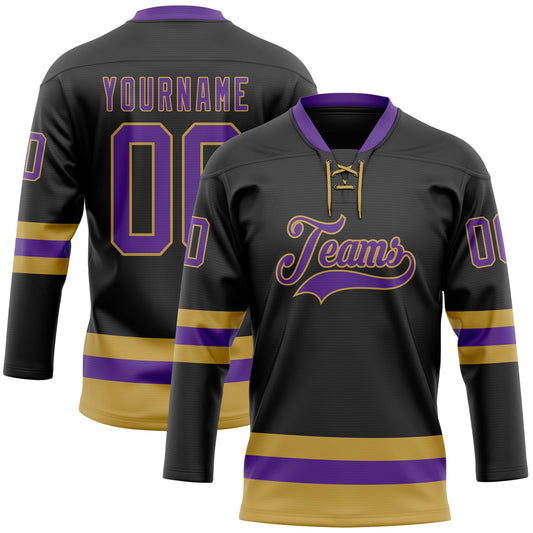 Custom Black Purple-Old Gold Hockey Lace Neck Jersey - Main View