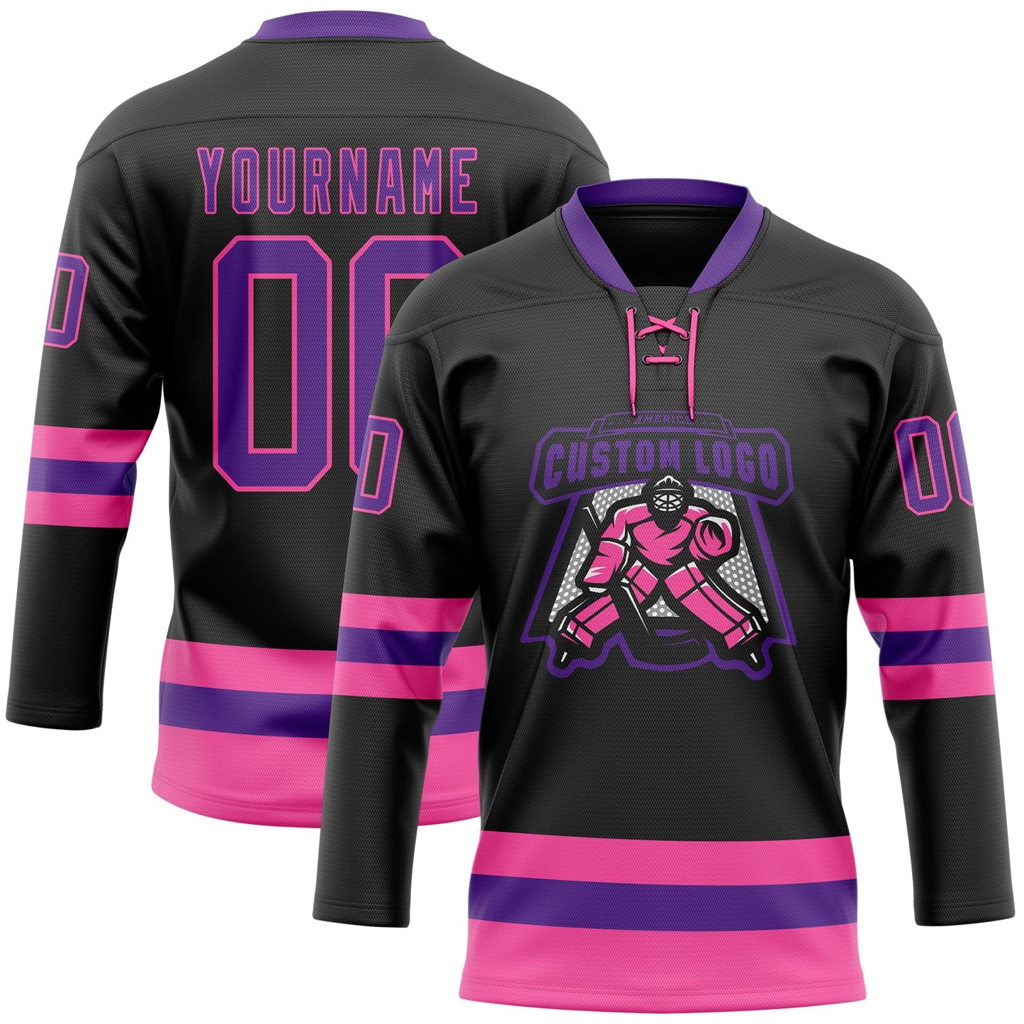Custom Black Purple-Pink Hockey Lace Neck Jersey view 2