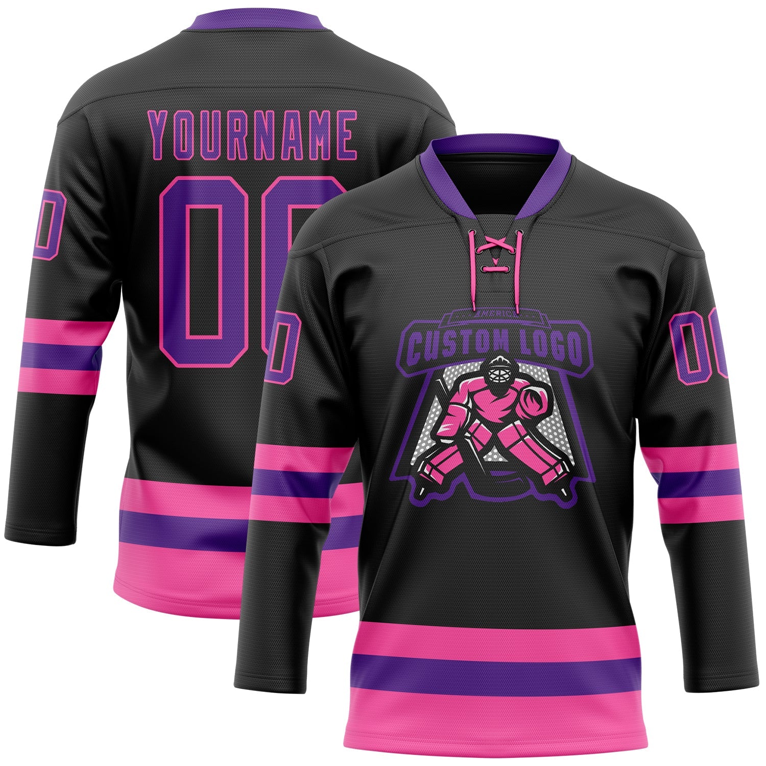 Custom Black Purple-Pink Hockey Lace Neck Jersey view 2