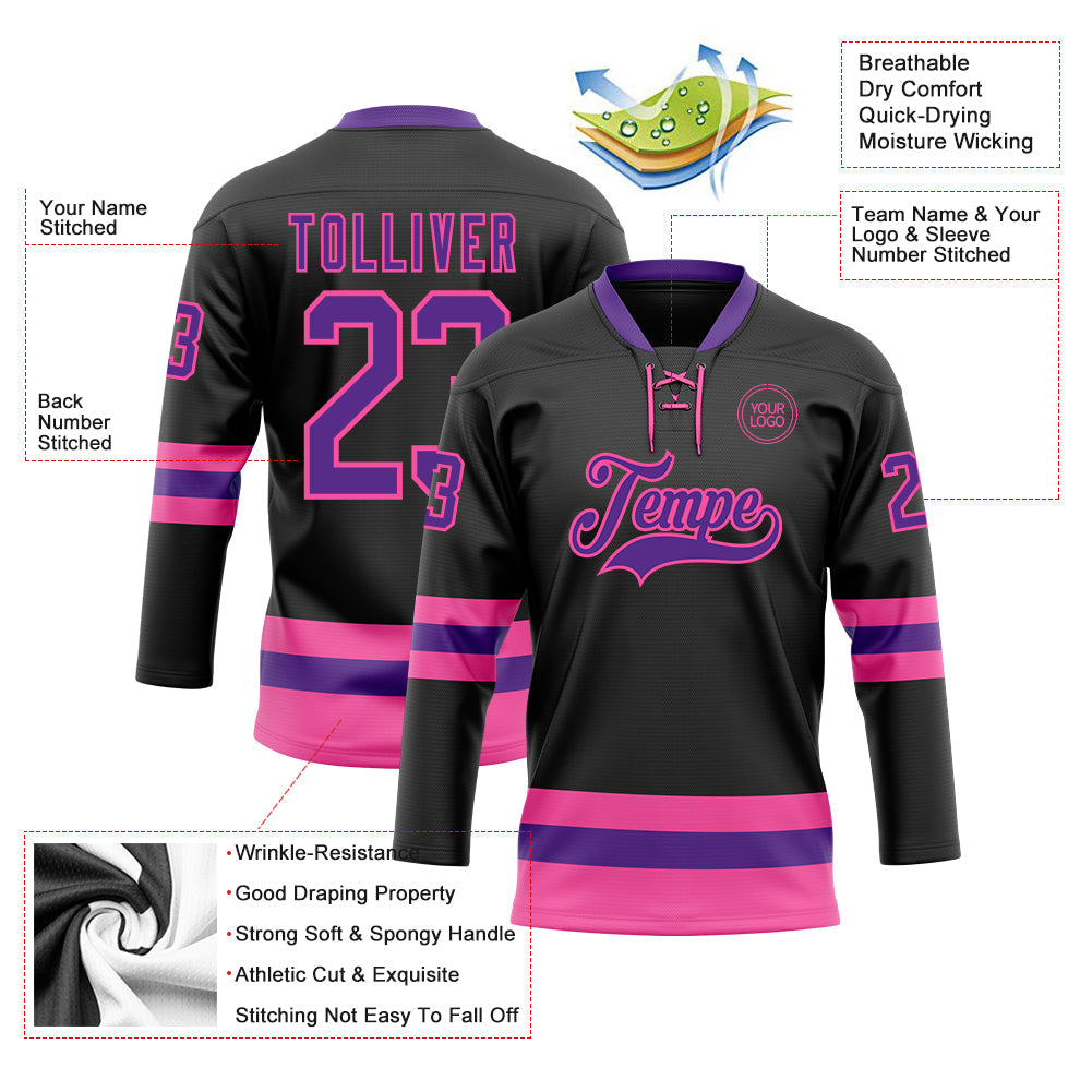 Custom Black Purple-Pink Hockey Lace Neck Jersey view 3