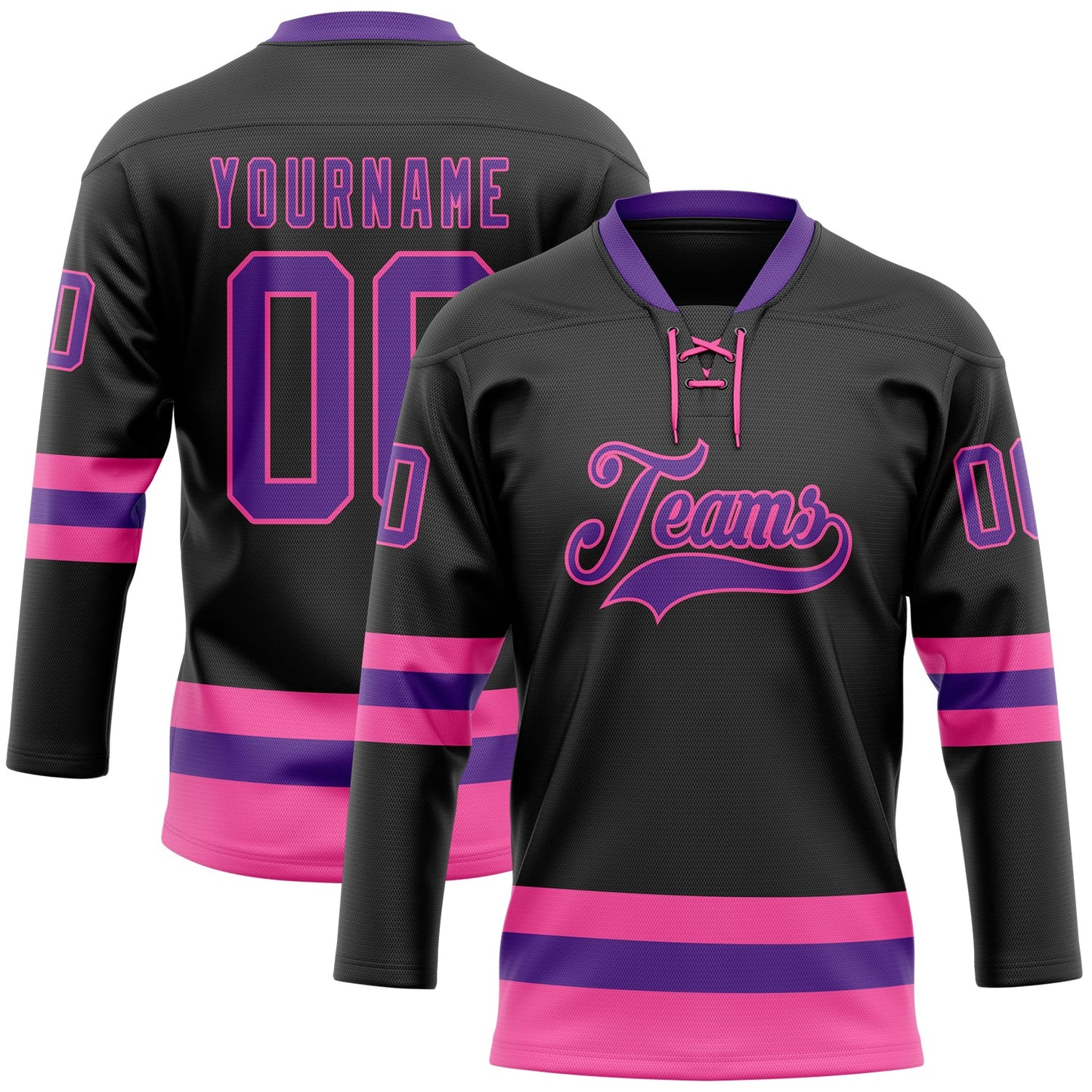 Custom Black Purple-Pink Hockey Lace Neck Jersey - Main View