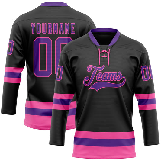 Custom Black Purple-Pink Hockey Lace Neck Jersey - Main View