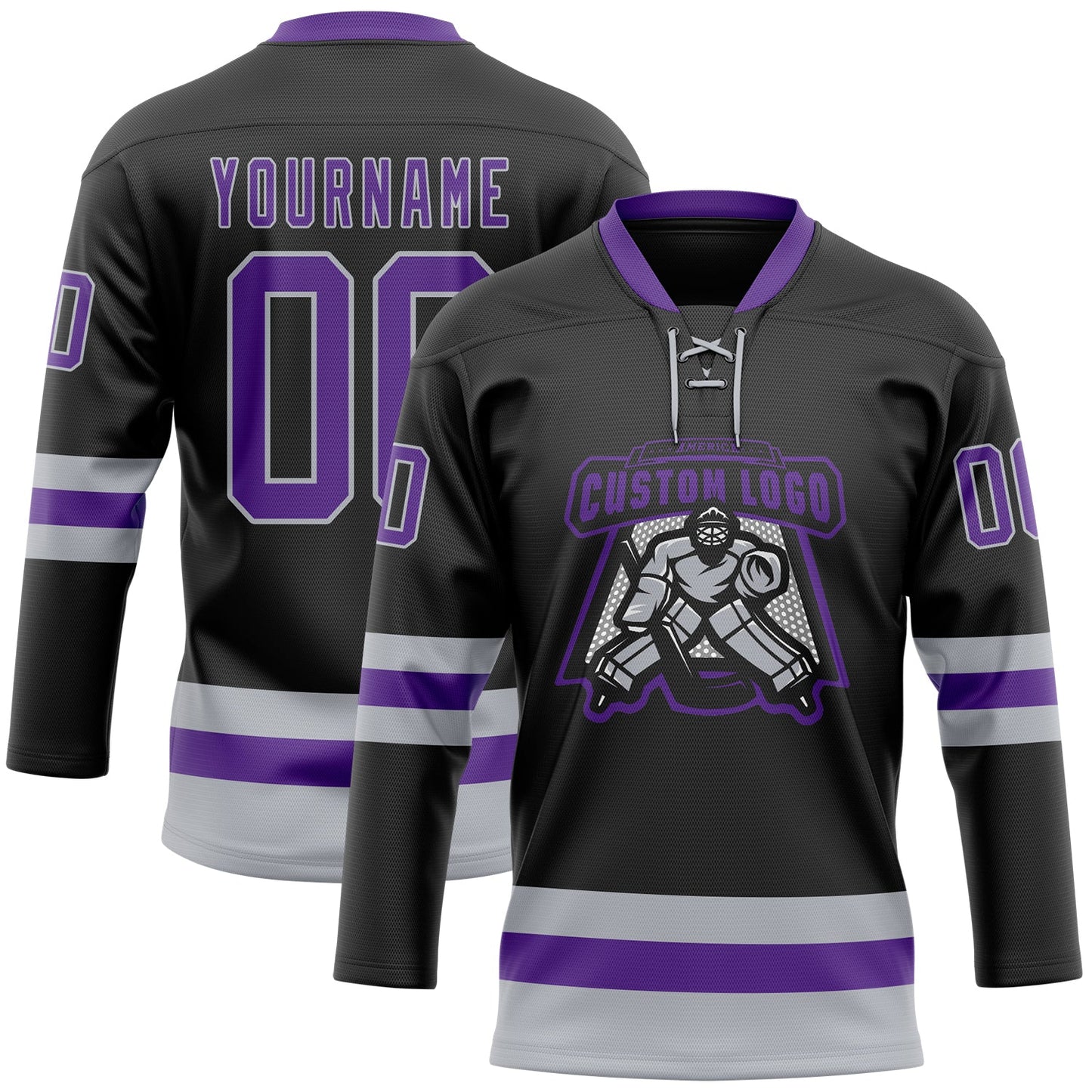 Custom Black Purple-Gray Hockey Lace Neck Jersey view 2