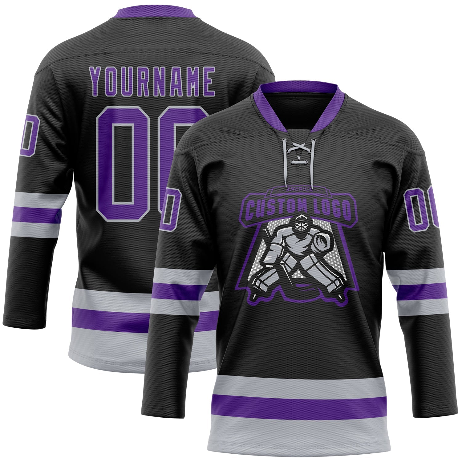 Custom Black Purple-Gray Hockey Lace Neck Jersey view 2