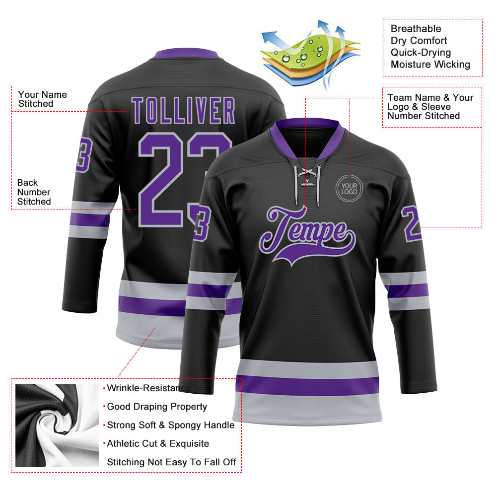 Custom Black Purple-Gray Hockey Lace Neck Jersey view 3