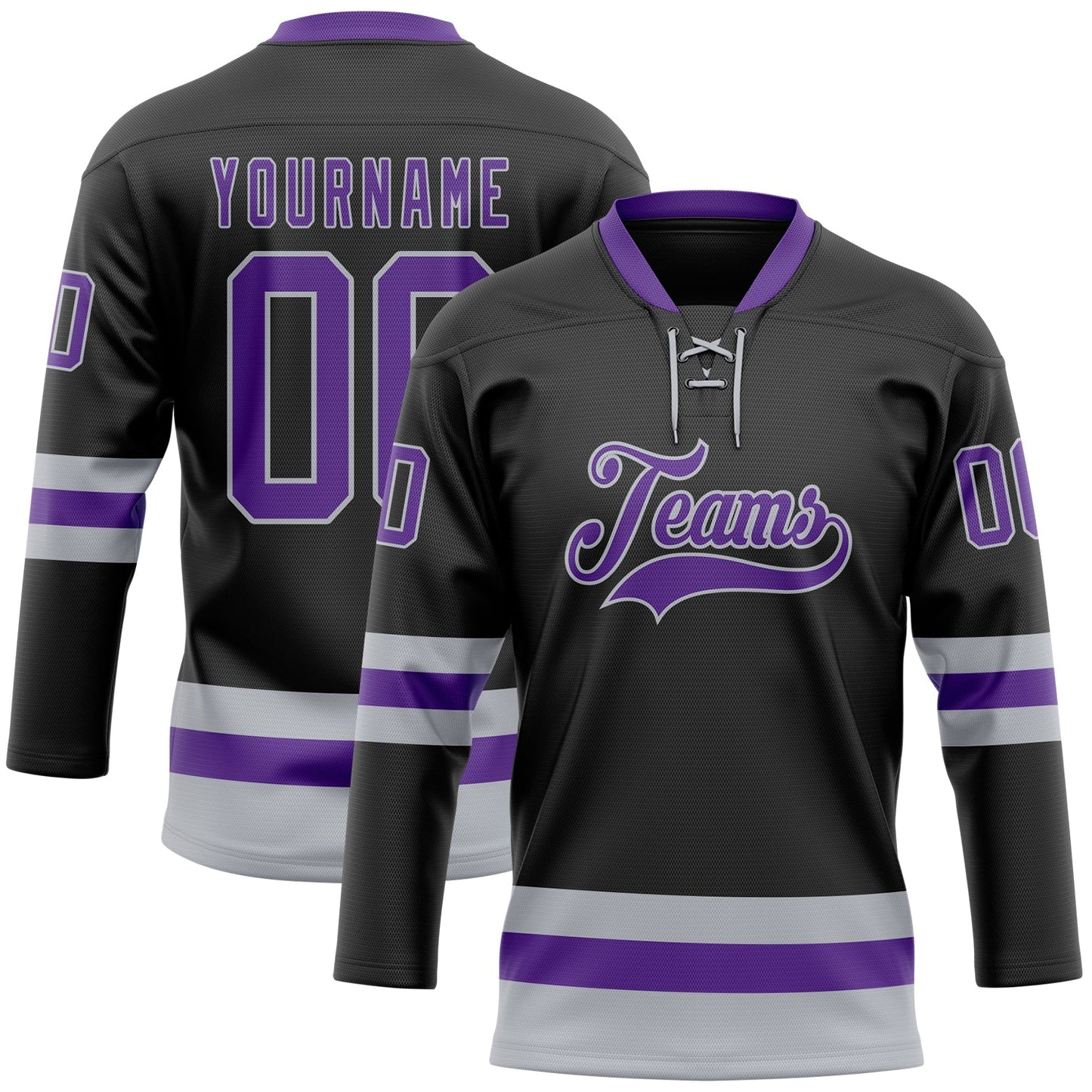 Custom Black Purple-Gray Hockey Lace Neck Jersey - Main View