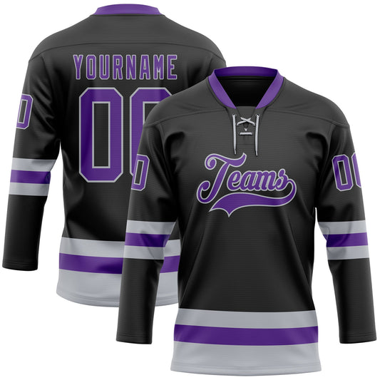 Custom Black Purple-Gray Hockey Lace Neck Jersey - Main View