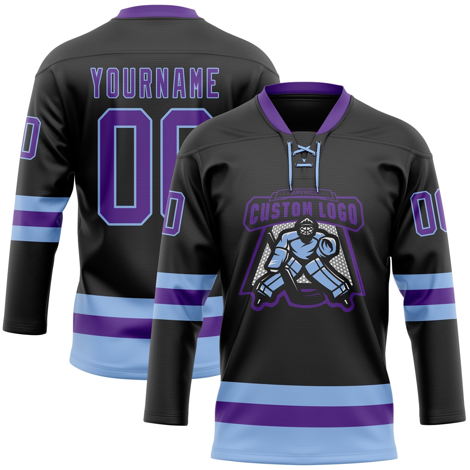 Custom Black Purple-Light Blue Hockey Lace Neck Jersey view 2