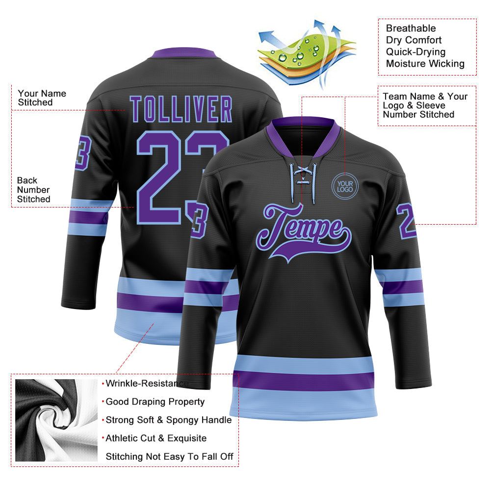 Custom Black Purple-Light Blue Hockey Lace Neck Jersey view 3
