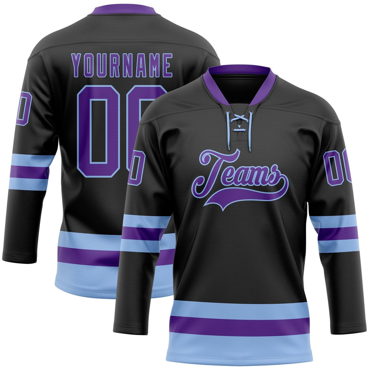 Custom Black Purple-Light Blue Hockey Lace Neck Jersey - Main View