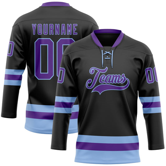 Custom Black Purple-Light Blue Hockey Lace Neck Jersey - Main View