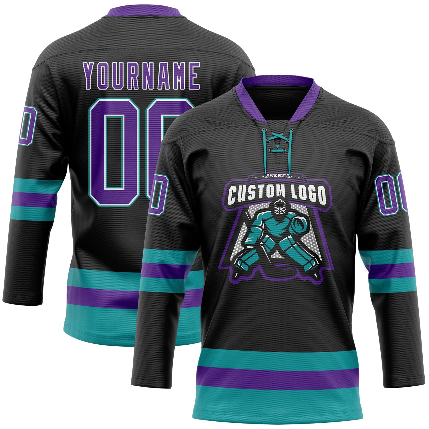Custom Black Purple-Teal Hockey Lace Neck Jersey view 2