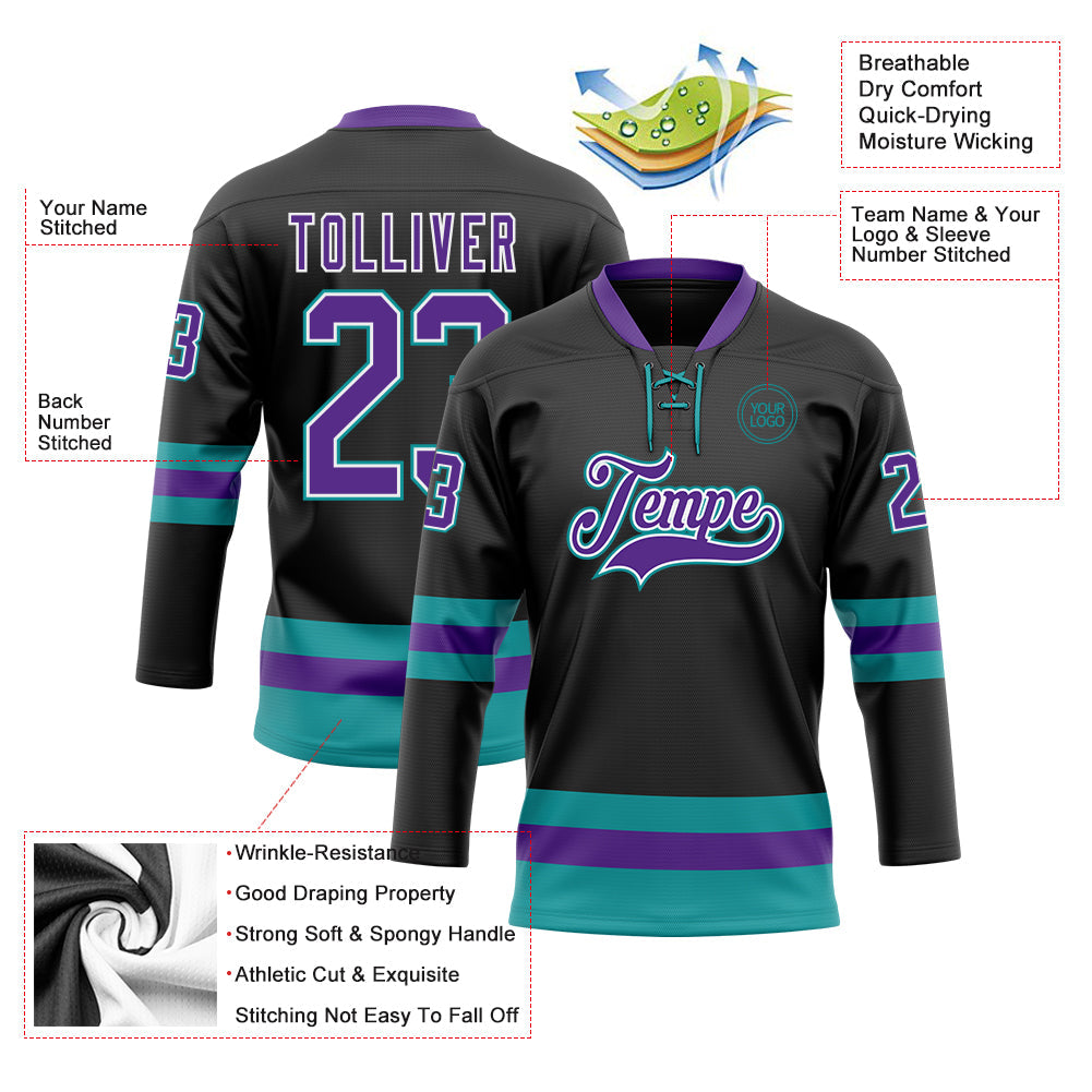 Custom Black Purple-Teal Hockey Lace Neck Jersey view 3