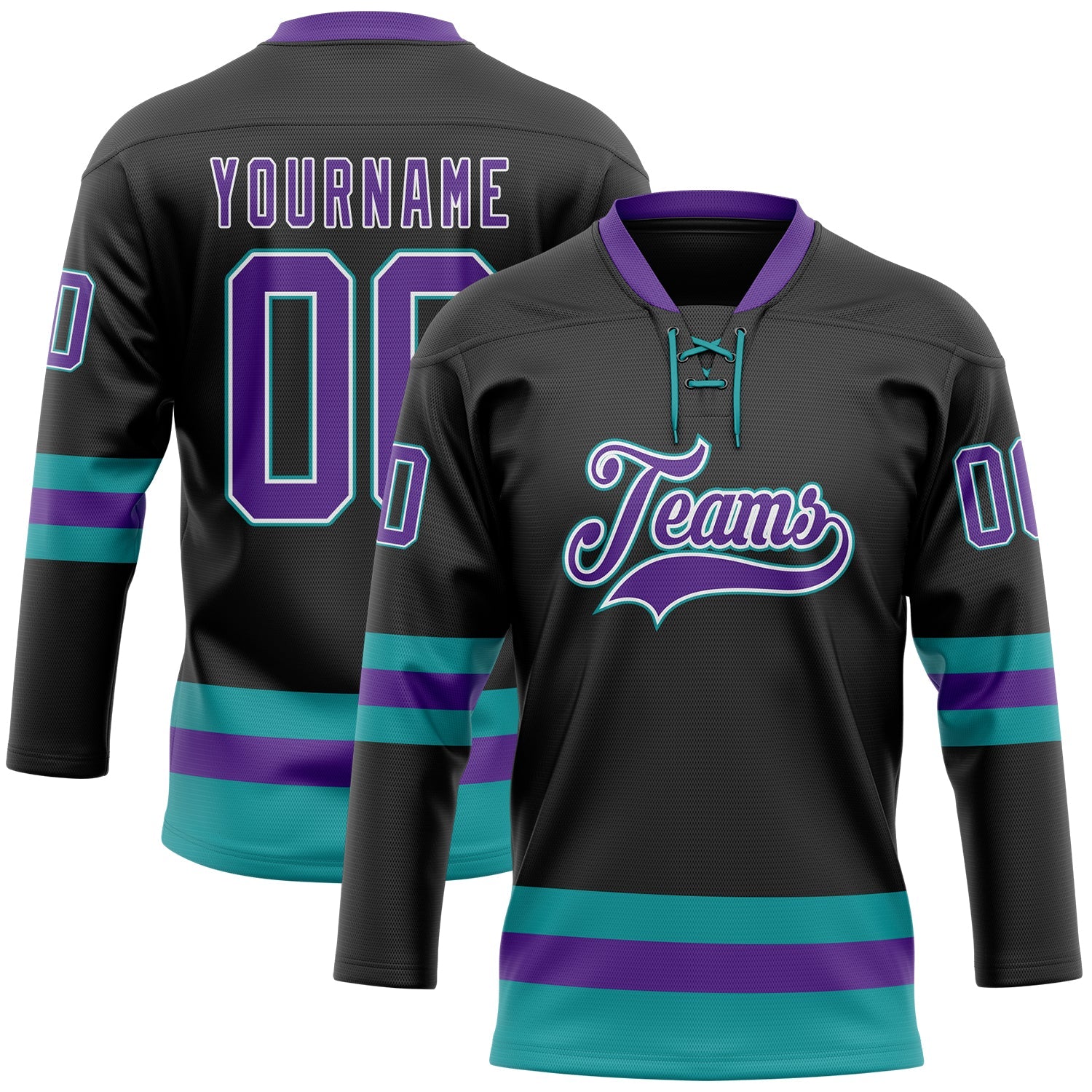 Custom Black Purple-Teal Hockey Lace Neck Jersey - Main View