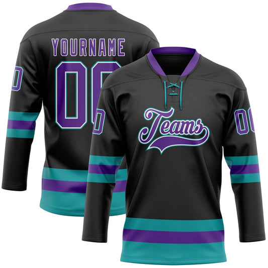 Custom Black Purple-Teal Hockey Lace Neck Jersey - Main View