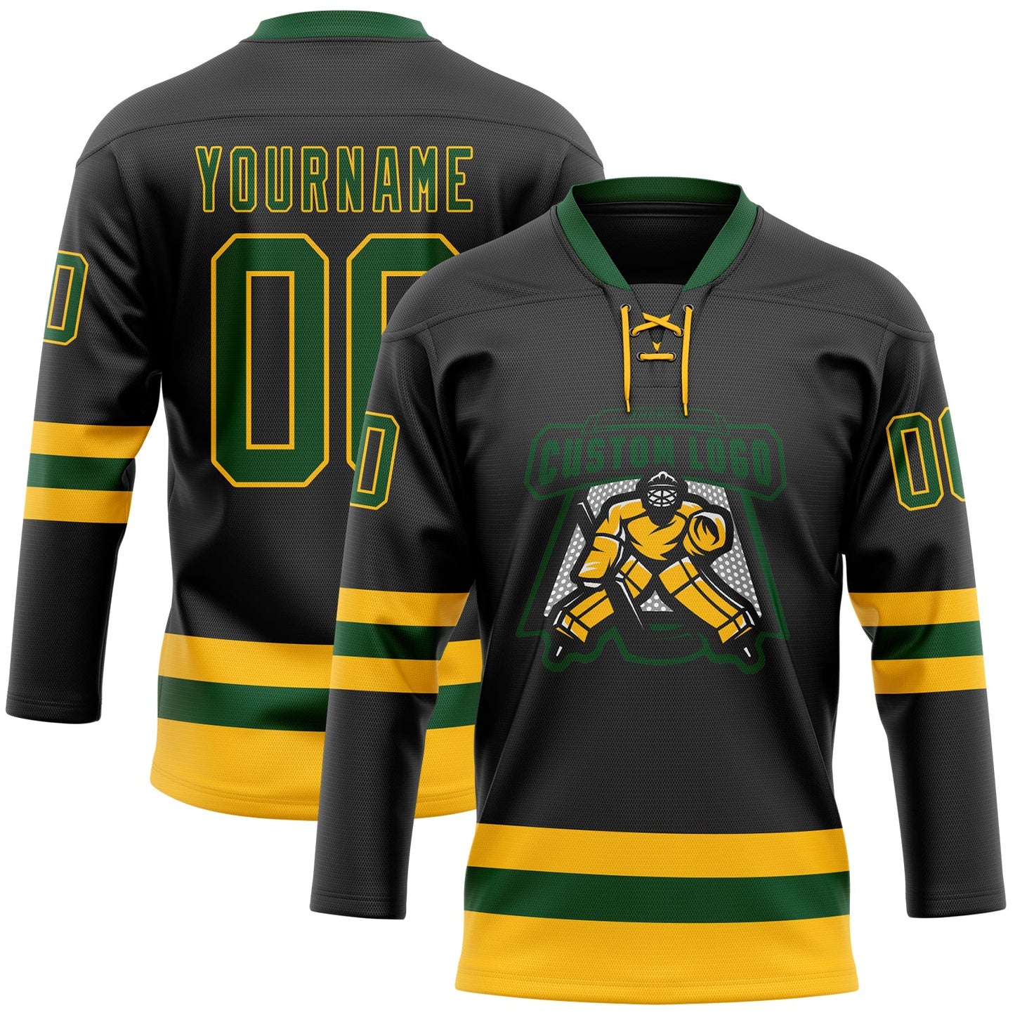 Custom Black Green-Gold Hockey Lace Neck Jersey view 2