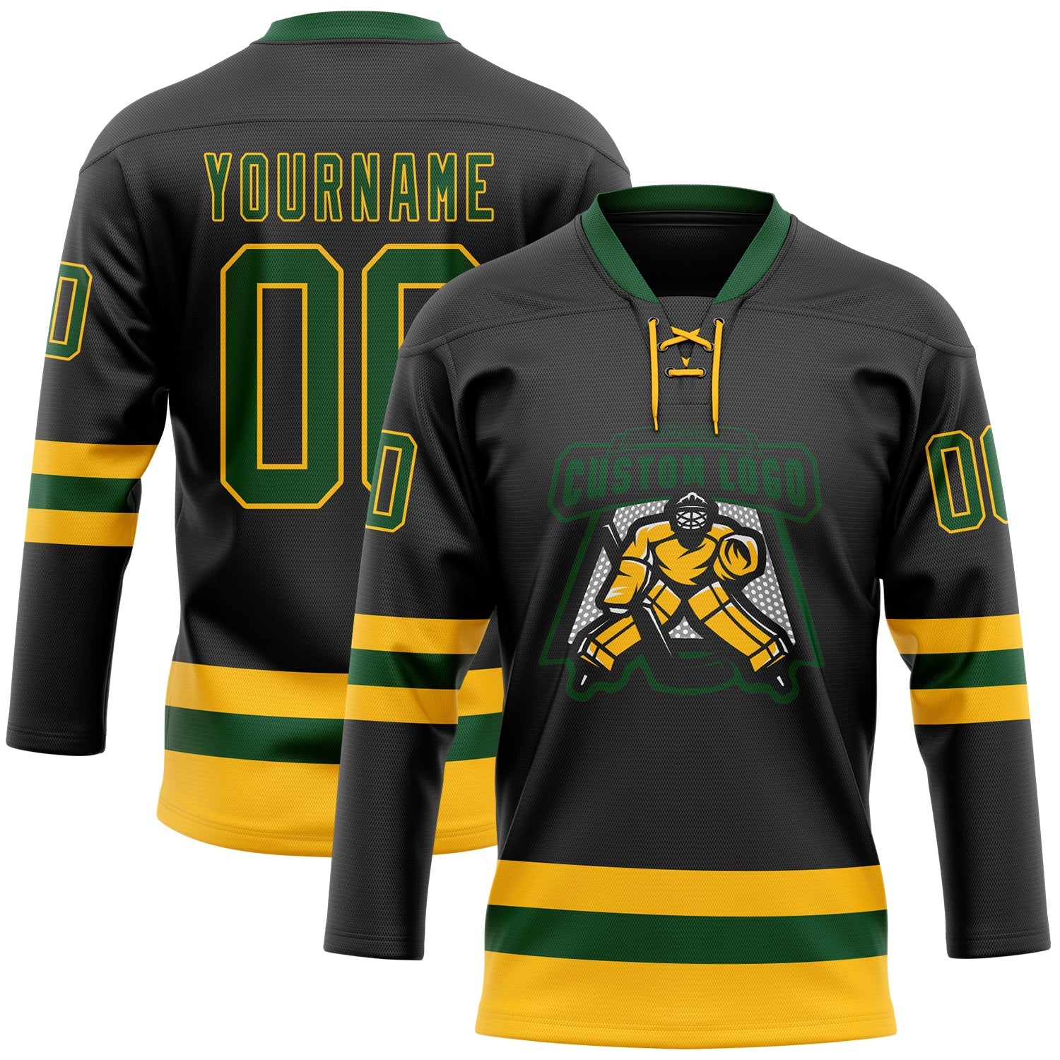 Custom Black Green-Gold Hockey Lace Neck Jersey view 2