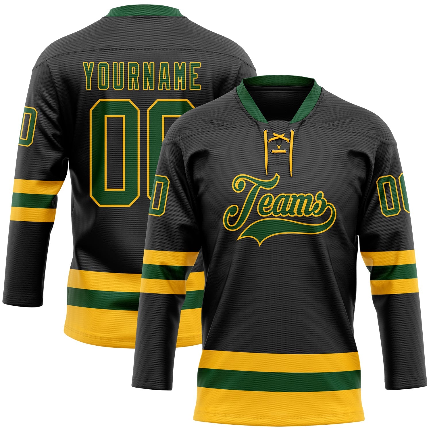 Custom Black Green-Gold Hockey Lace Neck Jersey - Main View