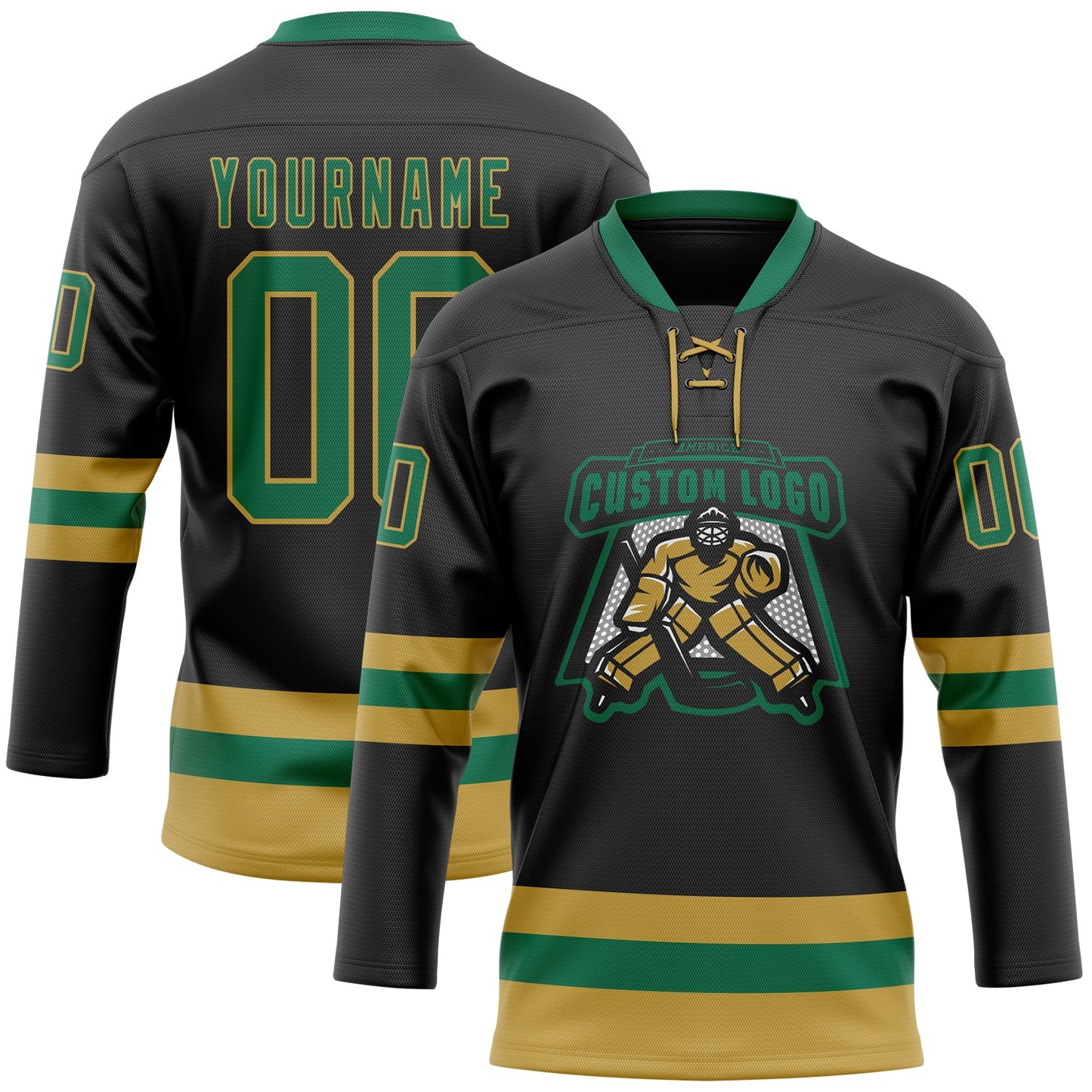 Custom Black Kelly Green-Old Gold Hockey Lace Neck Jersey view 2
