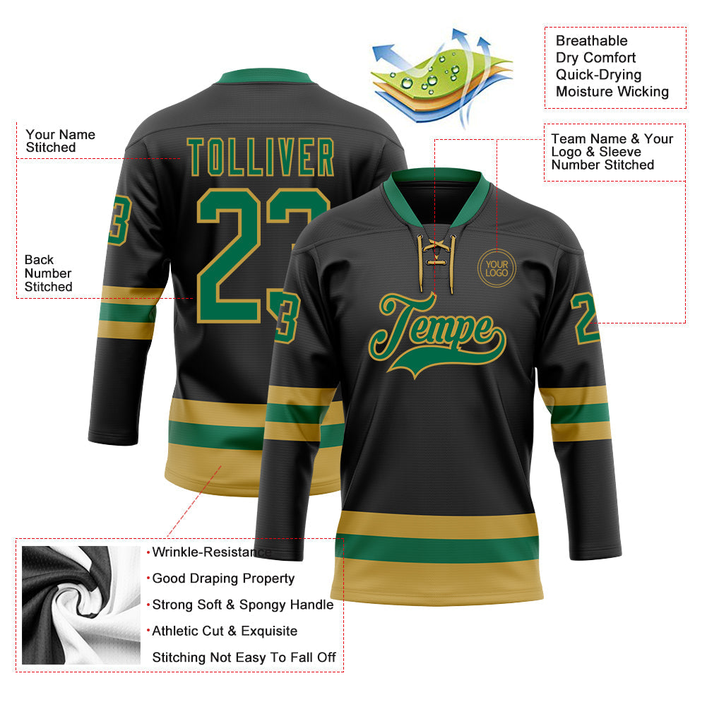 Custom Black Kelly Green-Old Gold Hockey Lace Neck Jersey view 3