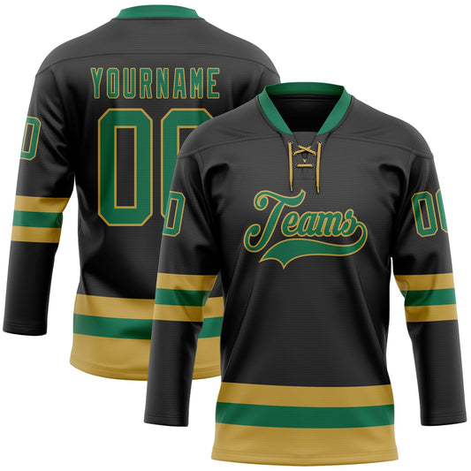 Custom Black Kelly Green-Old Gold Hockey Lace Neck Jersey - Main View