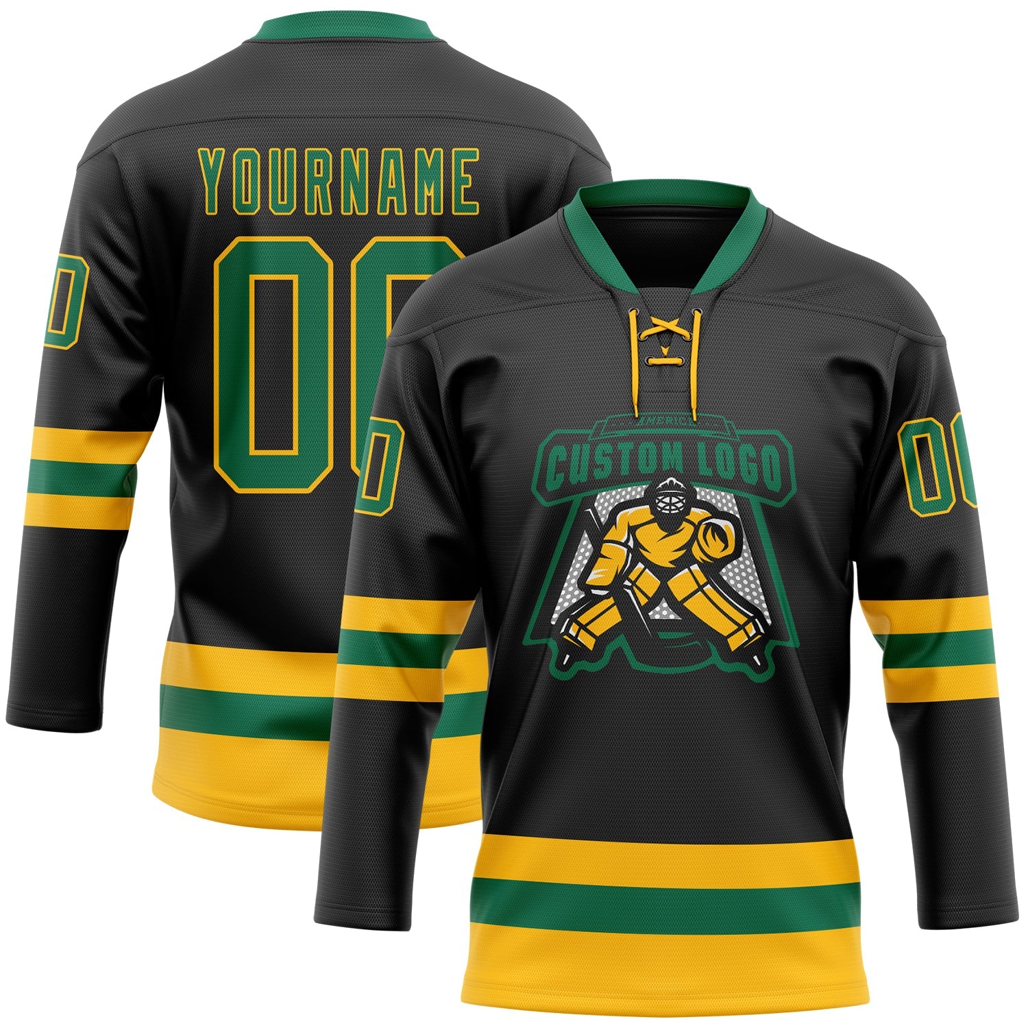 Custom Black Kelly Green-Gold Hockey Lace Neck Jersey view 2