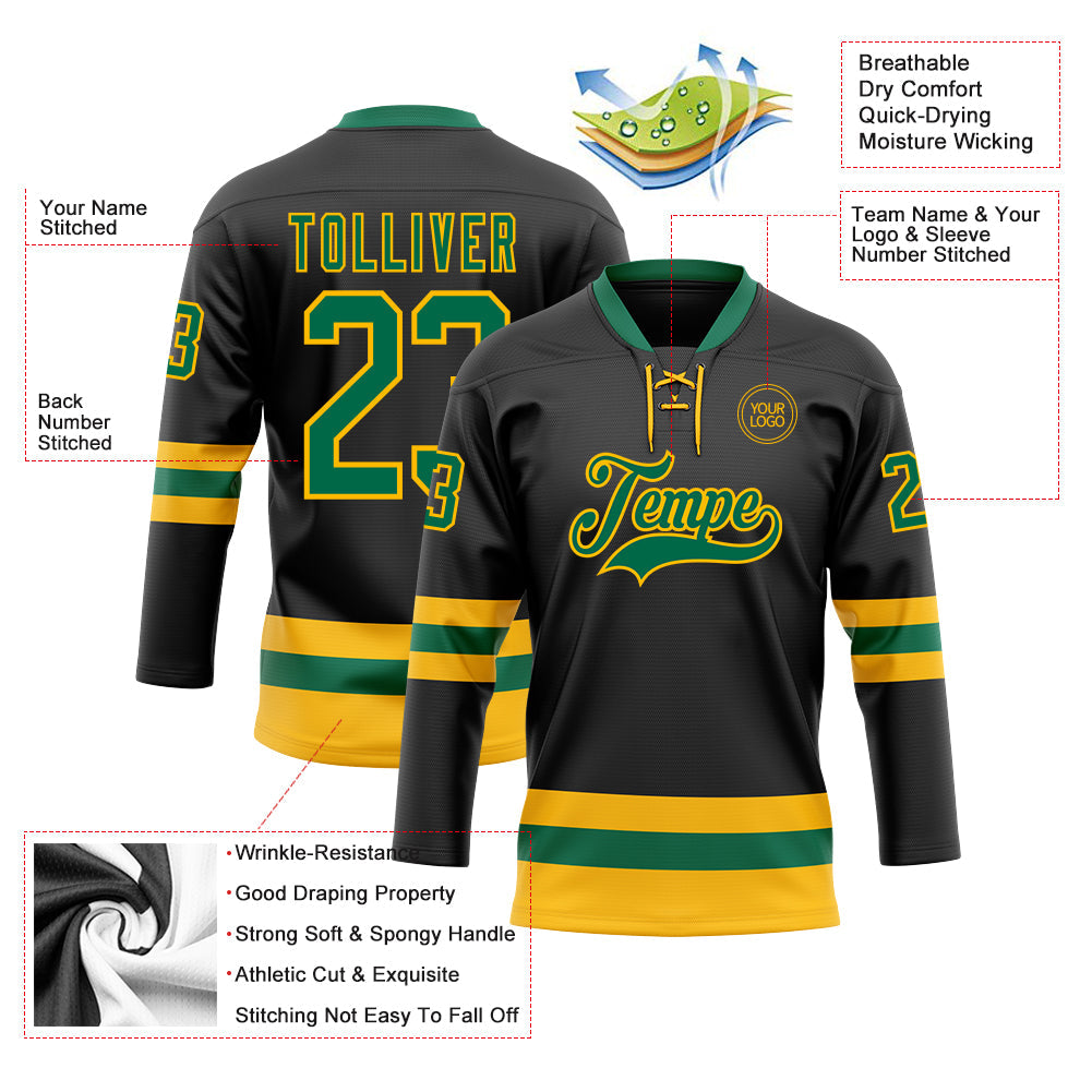 Custom Black Kelly Green-Gold Hockey Lace Neck Jersey view 3