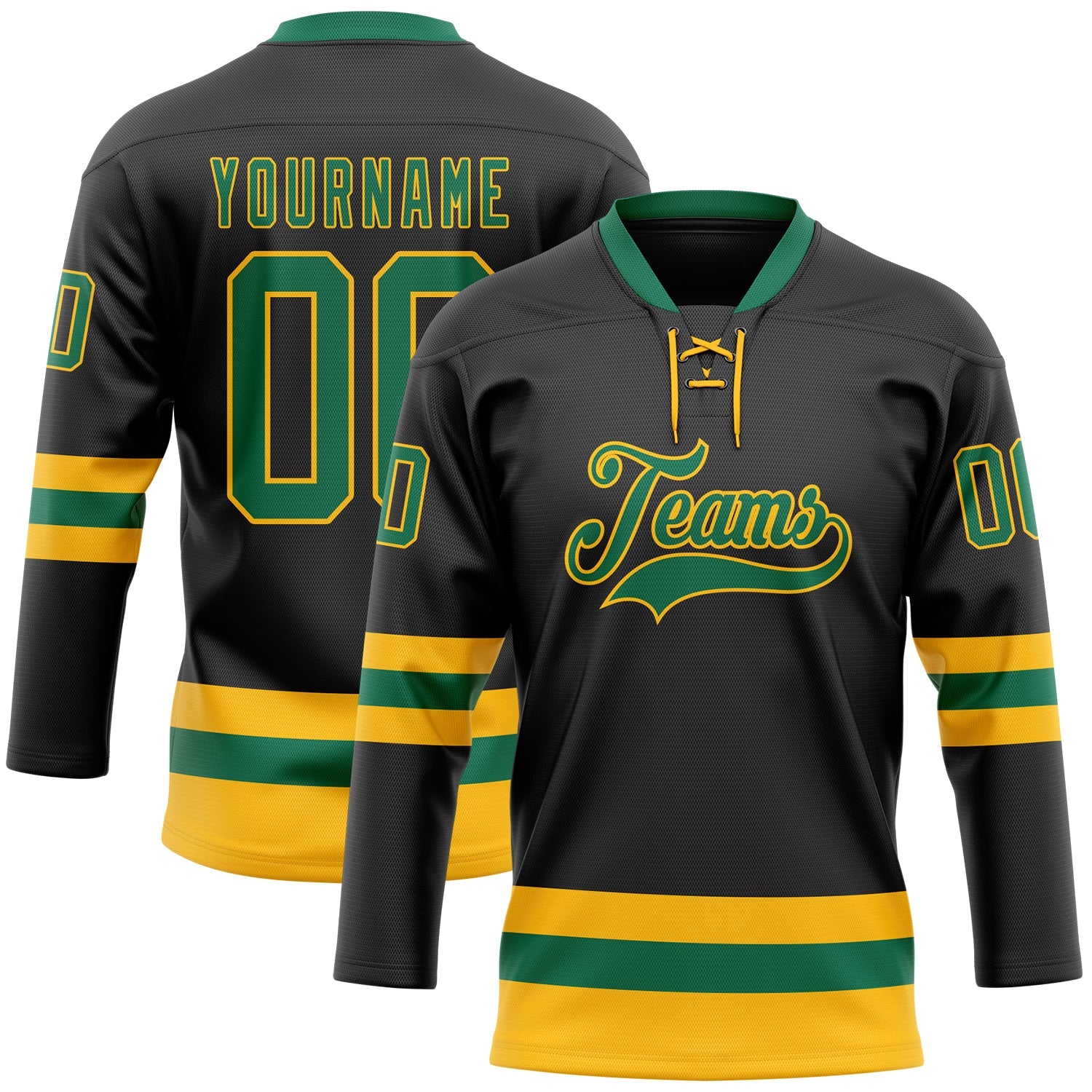 Custom Black Kelly Green-Gold Hockey Lace Neck Jersey - Main View