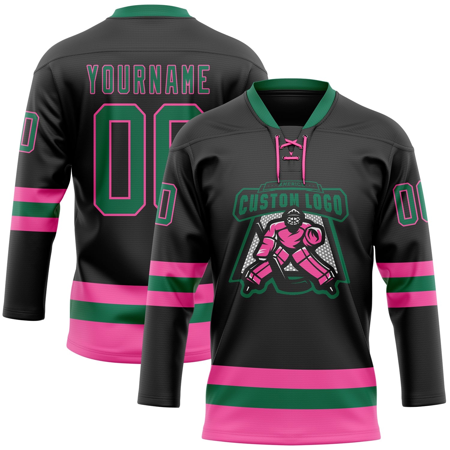 Custom Black Kelly Green-Pink Hockey Lace Neck Jersey view 2