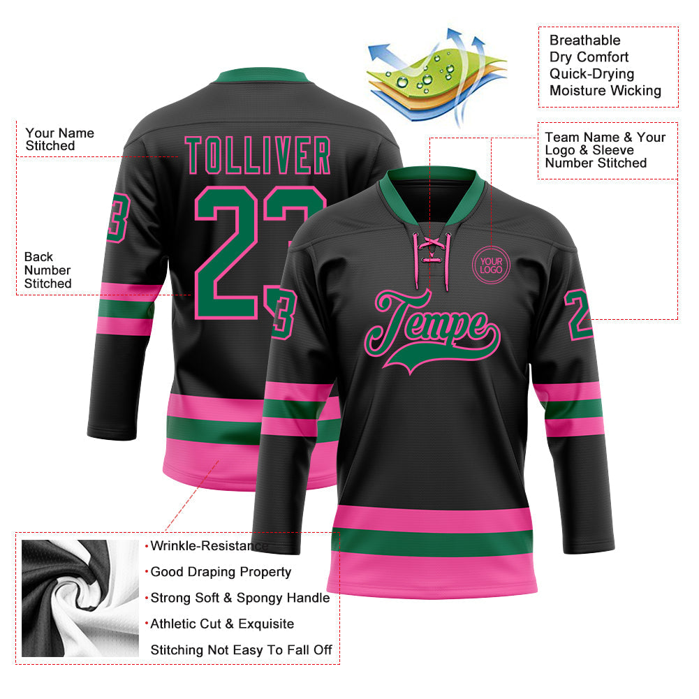 Custom Black Kelly Green-Pink Hockey Lace Neck Jersey view 3