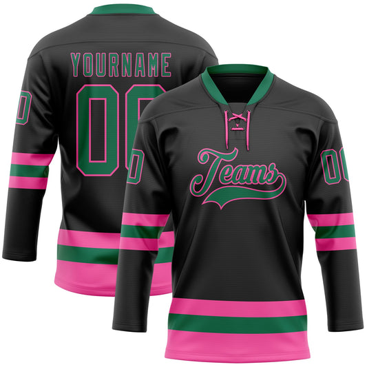Custom Black Kelly Green-Pink Hockey Lace Neck Jersey - Main View