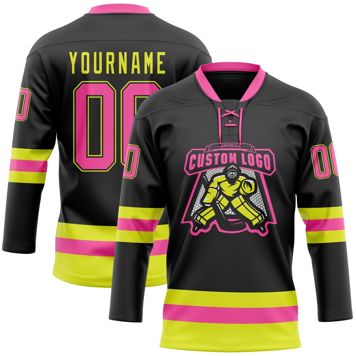 Custom Black Pink-Neon Yellow Hockey Lace Neck Jersey view 2