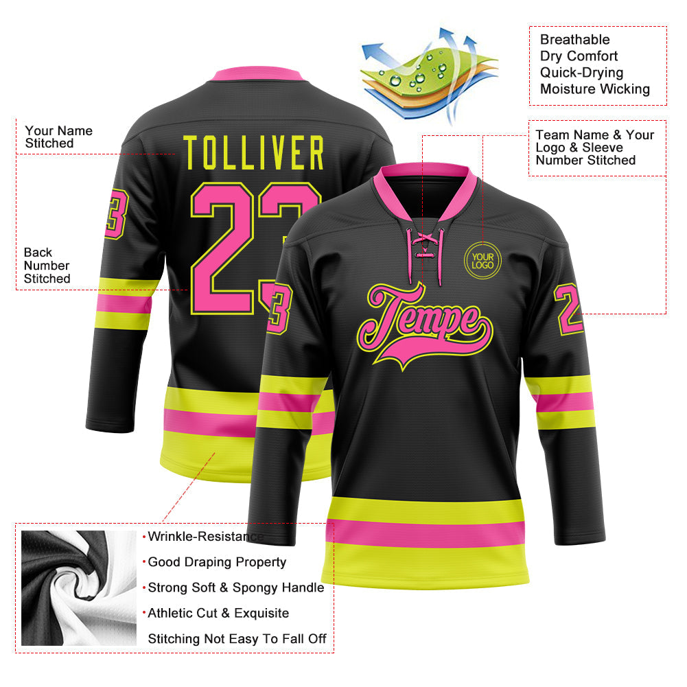 Custom Black Pink-Neon Yellow Hockey Lace Neck Jersey view 3