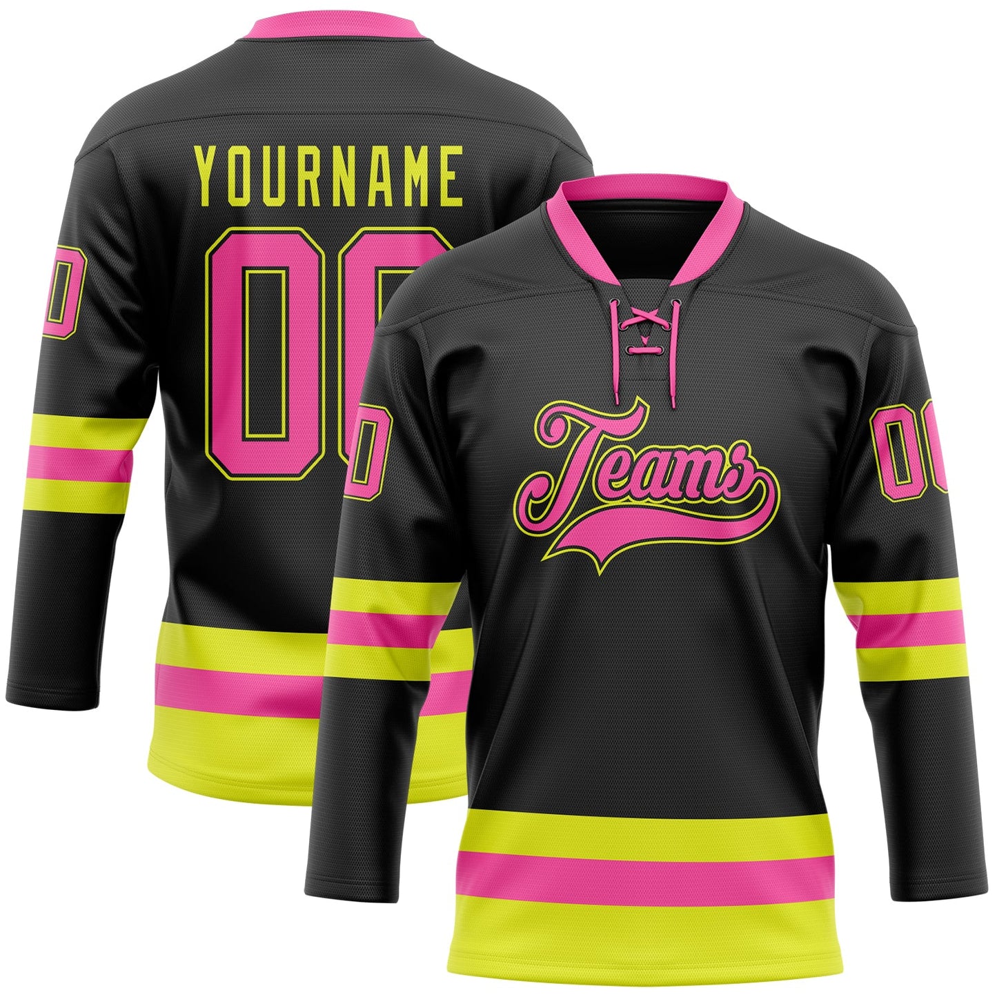 Custom Black Pink-Neon Yellow Hockey Lace Neck Jersey - Main View