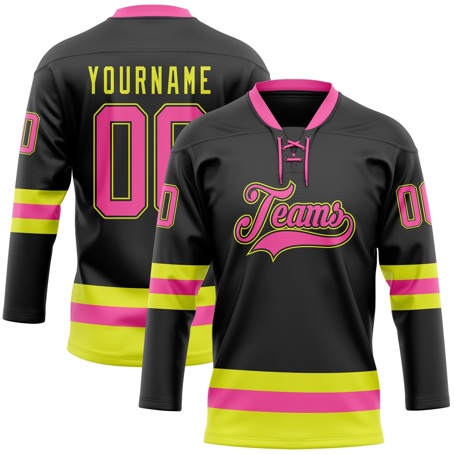 Custom Black Pink-Neon Yellow Hockey Lace Neck Jersey - Main View