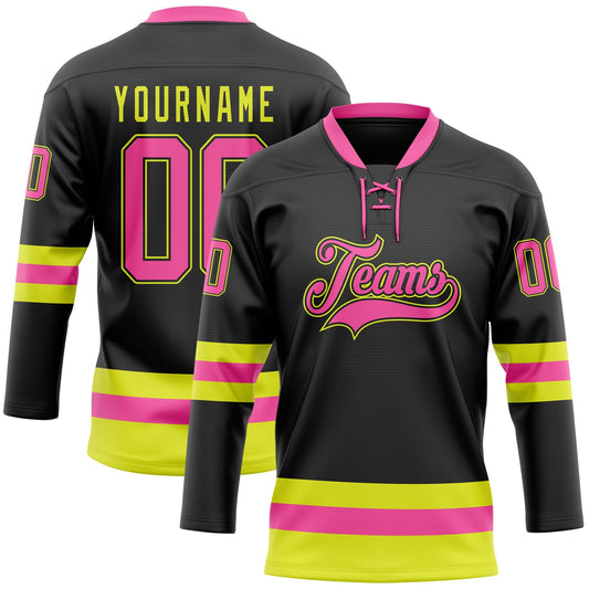 Custom Black Pink-Neon Yellow Hockey Lace Neck Jersey - Main View