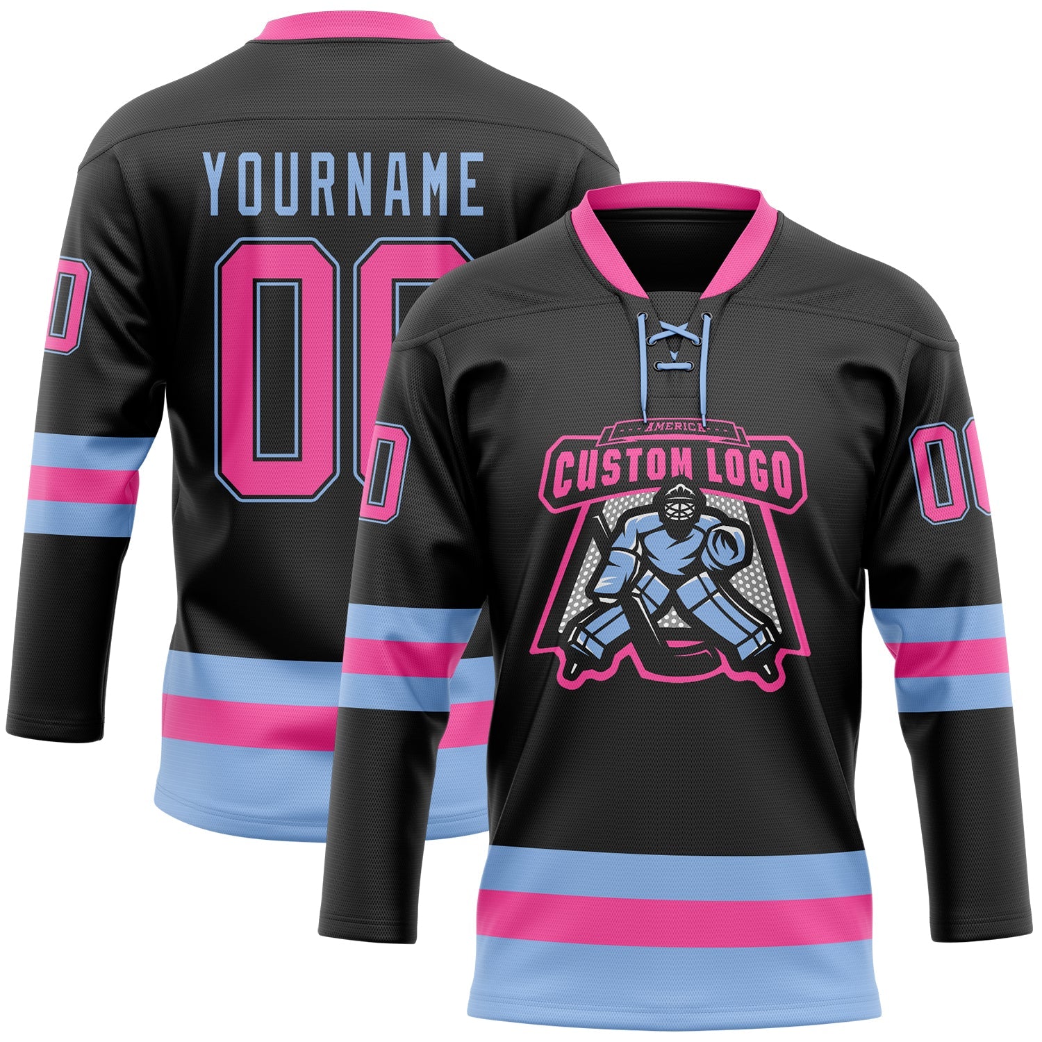 Custom Black Pink-Light Blue Hockey Lace Neck Jersey view 2