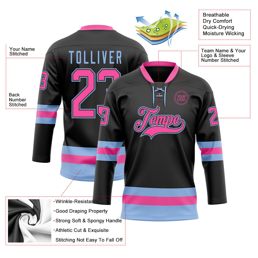 Custom Black Pink-Light Blue Hockey Lace Neck Jersey view 3