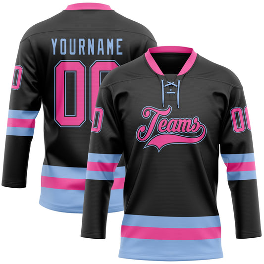 Custom Black Pink-Light Blue Hockey Lace Neck Jersey - Main View