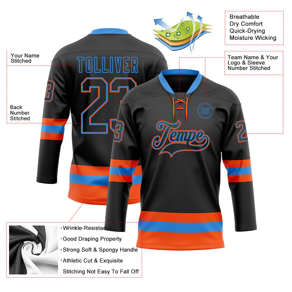 Custom Black Powder Blue-Orange Hockey Lace Neck Jersey view 3