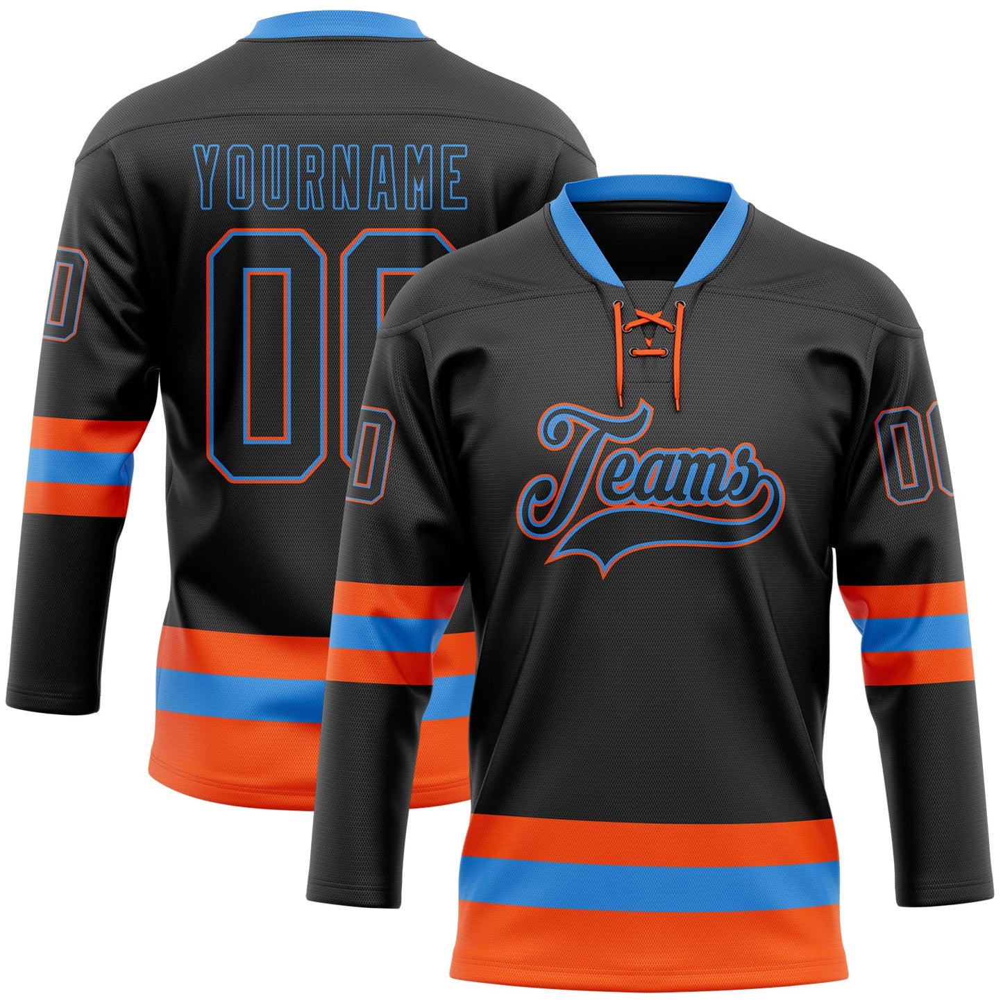 Custom Black Powder Blue-Orange Hockey Lace Neck Jersey - Main View