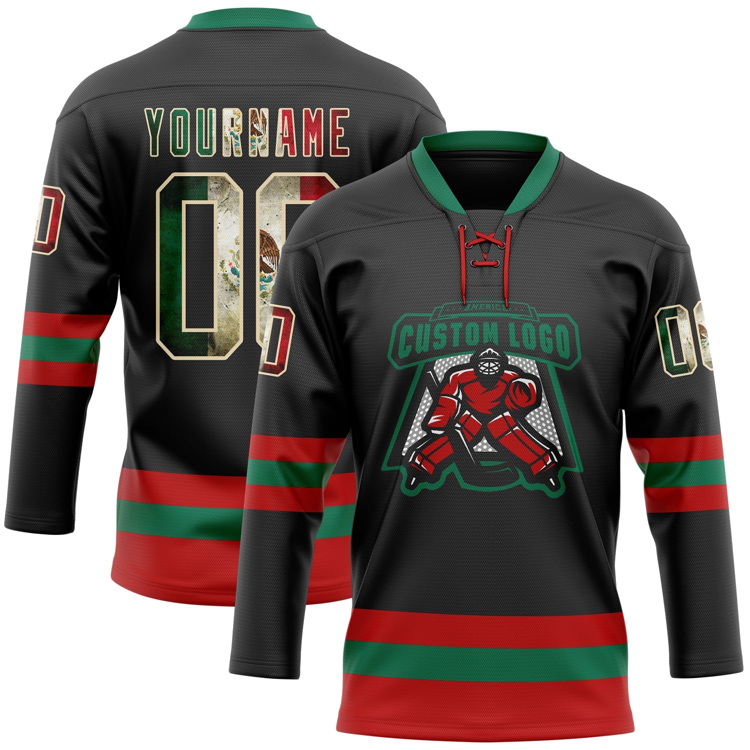Custom Black Vintage Mexican Flag Cream Red-Kelly Green Hockey Lace Neck Jersey view 2