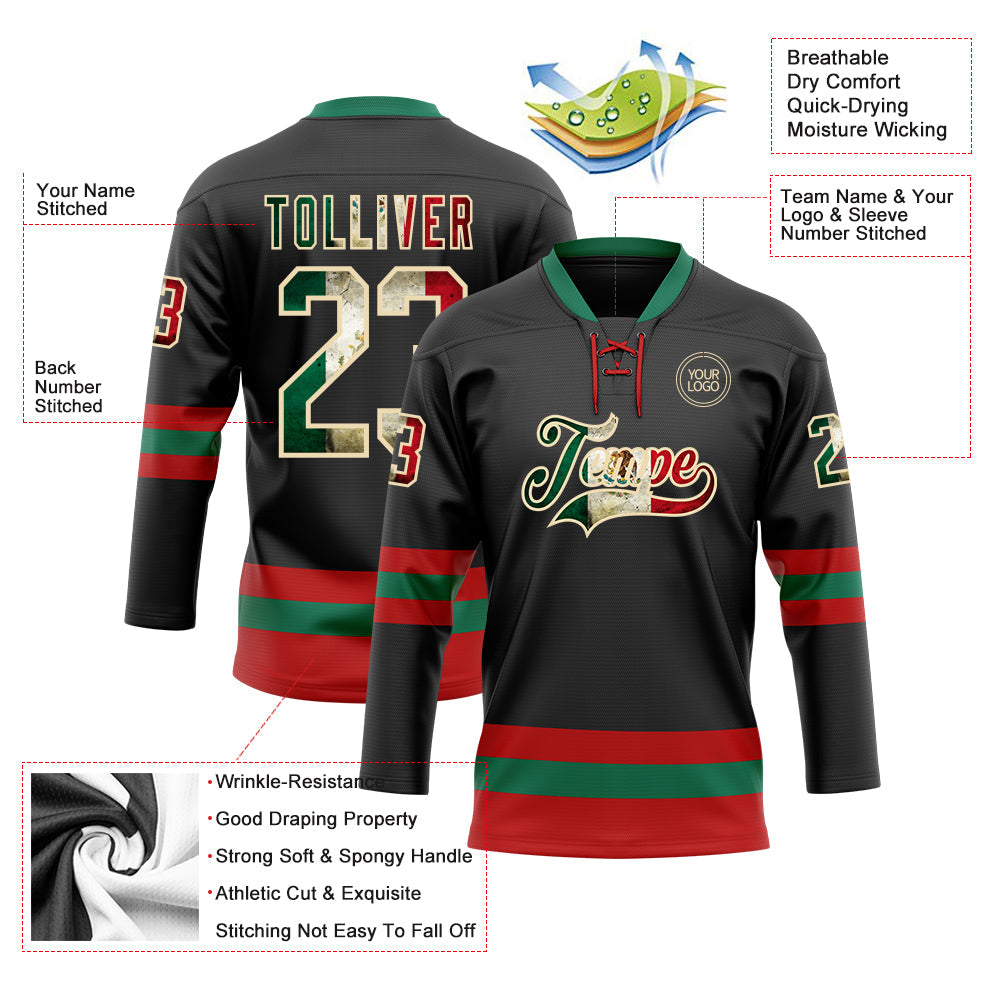 Custom Black Vintage Mexican Flag Cream Red-Kelly Green Hockey Lace Neck Jersey view 3