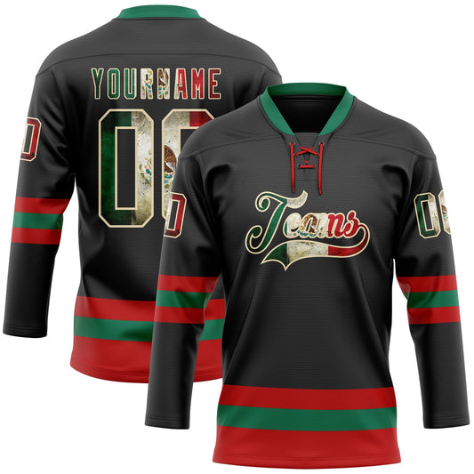 Custom Black Vintage Mexican Flag Cream Red-Kelly Green Hockey Lace Neck Jersey - Main View