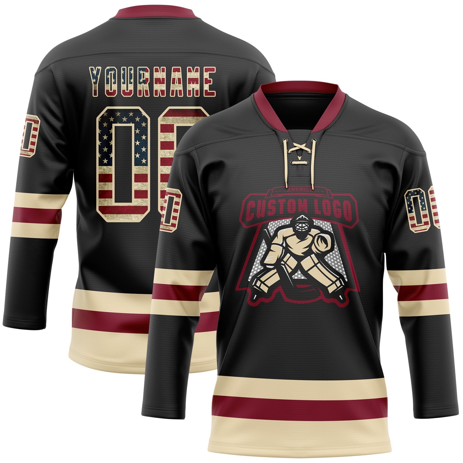 Custom Black Vintage USA Flag Cream-Crimson Hockey Lace Neck Jersey view 2