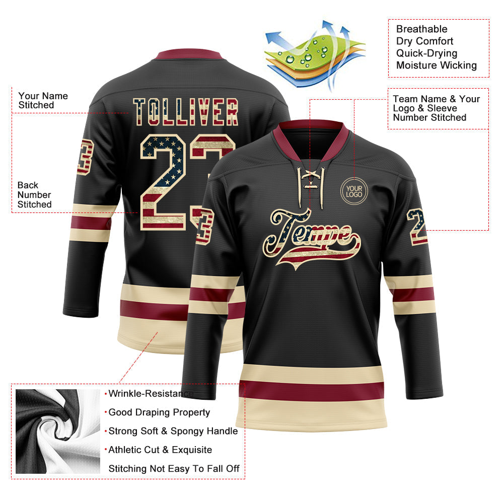 Custom Black Vintage USA Flag Cream-Crimson Hockey Lace Neck Jersey view 3