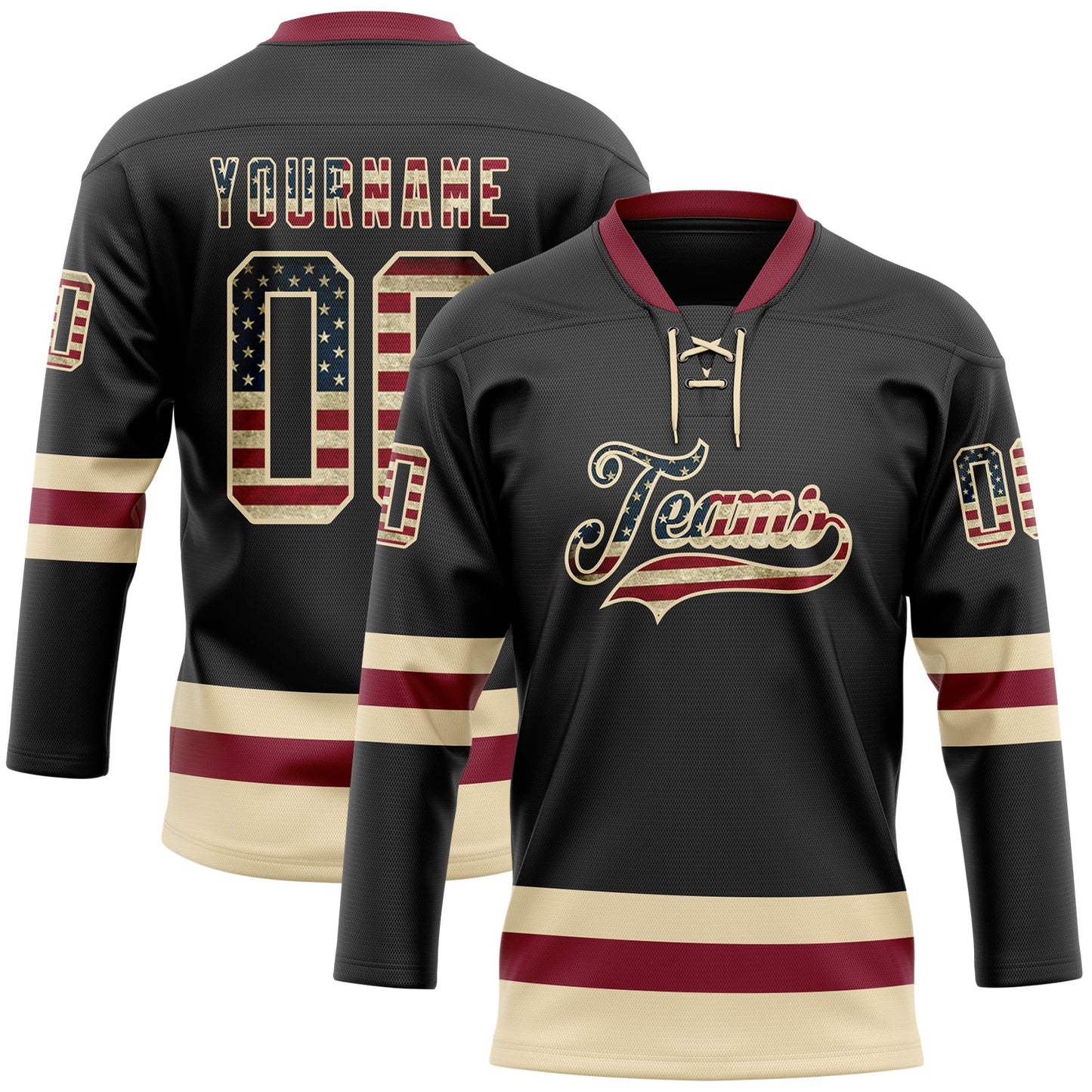 Custom Black Vintage USA Flag Cream-Crimson Hockey Lace Neck Jersey - Main View